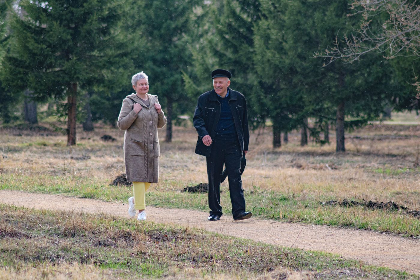An older couple walking mindfully together along a park path — tai chi walking for seniors
